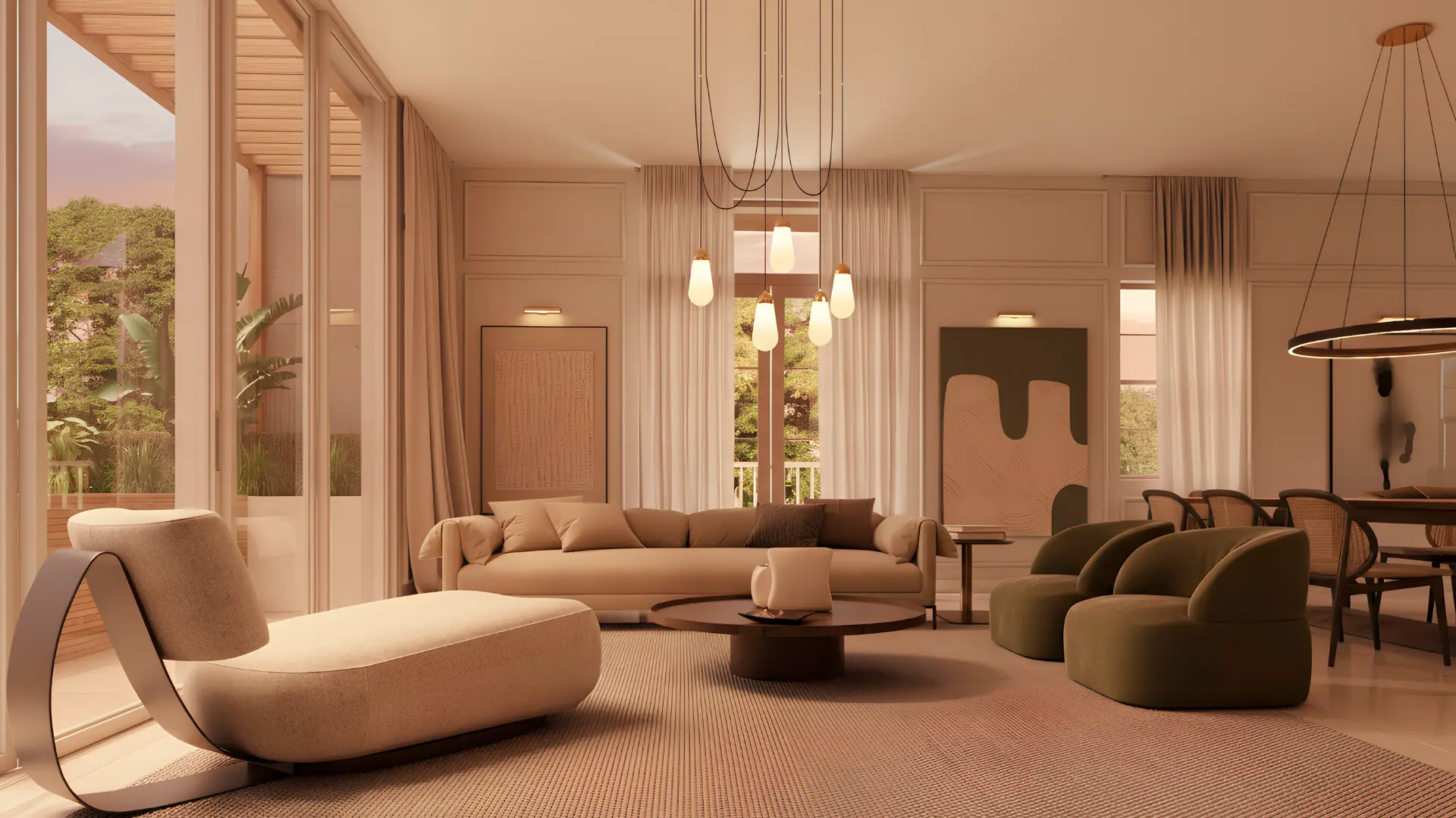 Warm, minimalist living room with floor-to-ceiling windows, a curved chaise lounge, sectional sofa, round coffee table, sculptural green chairs, and soft pendant lighting in neutral tones.