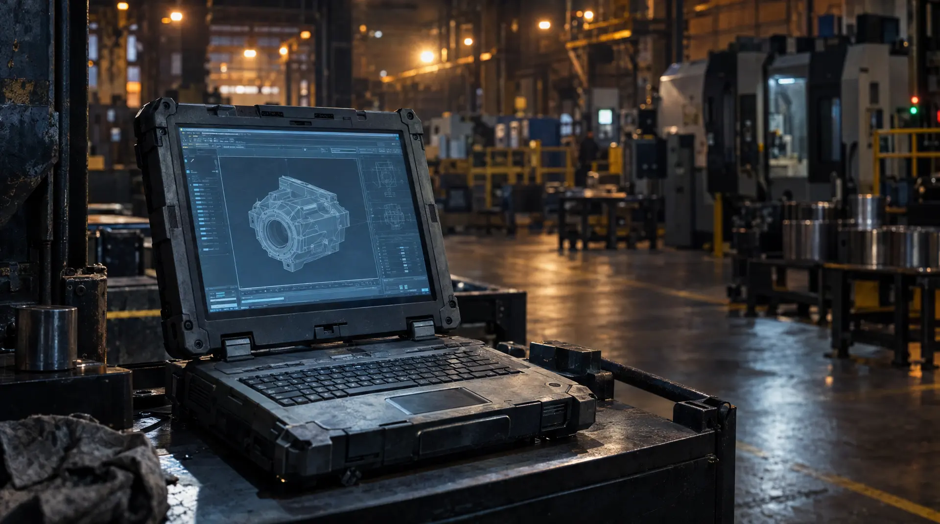 Rugged laptop displays a 3D CAD component on a factory workbench, supporting manufacturing video marketing narratives for hardware teams.