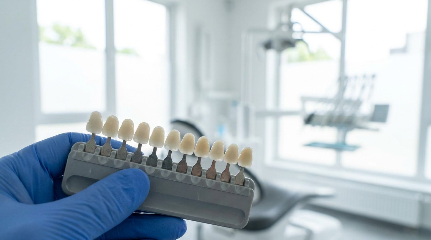 A dentist compares thin porcelain veneer shade samples during a cosmetic consultation in a bright clinic.