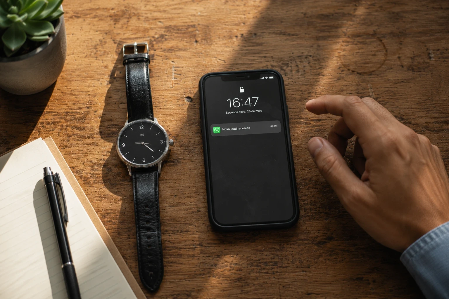Mesa de trabalho com relógio marcando 16:47 e celular exibindo notificação de novo lead no WhatsApp, representando a importância do tempo de resposta para leads que chegam mas não fecham.