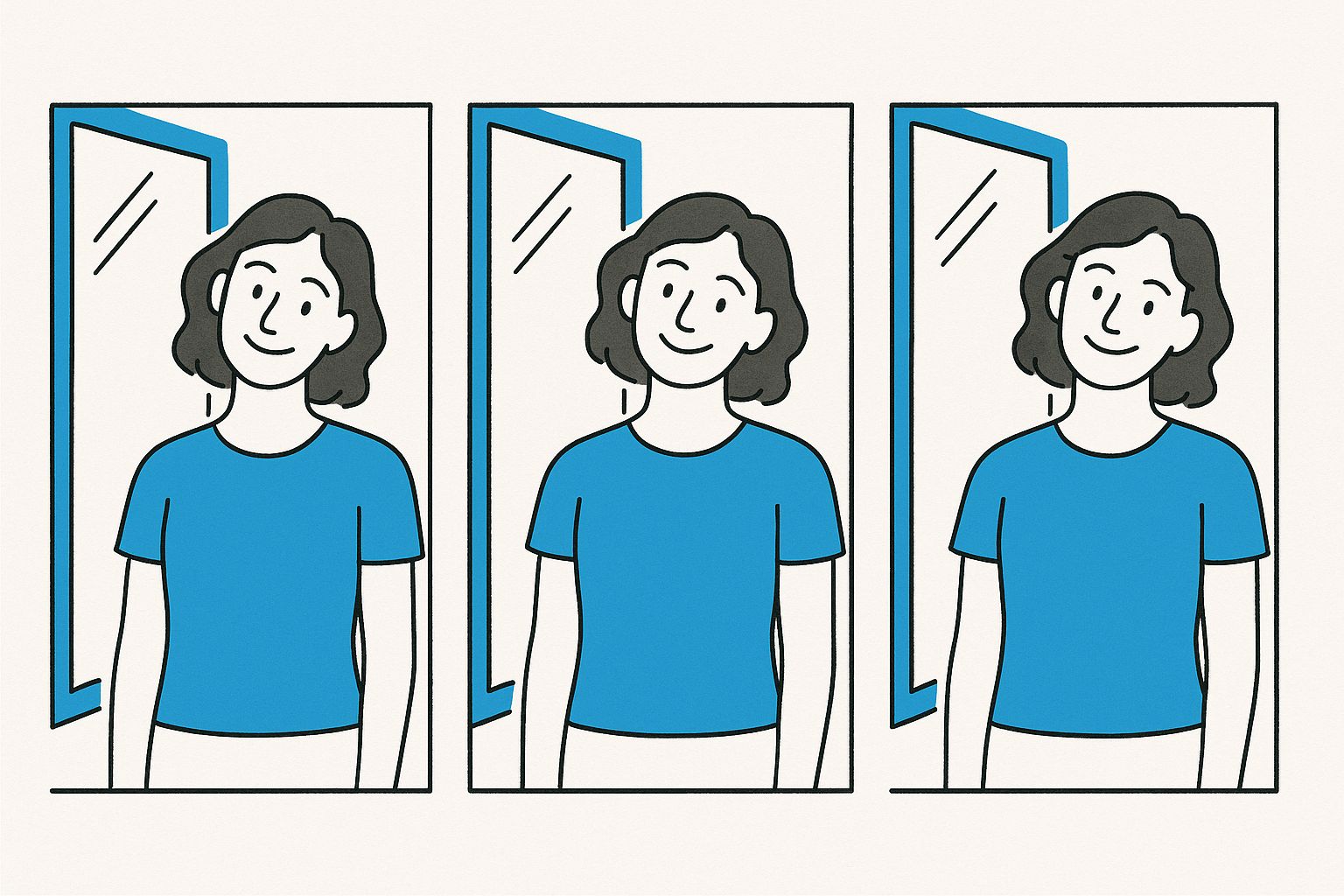 Eine Person übt verschiedene Gesichtsausdrücke vor einem Spiegel, um eine authentische und selbstbewusste Pose für ein Profilbild zu finden.