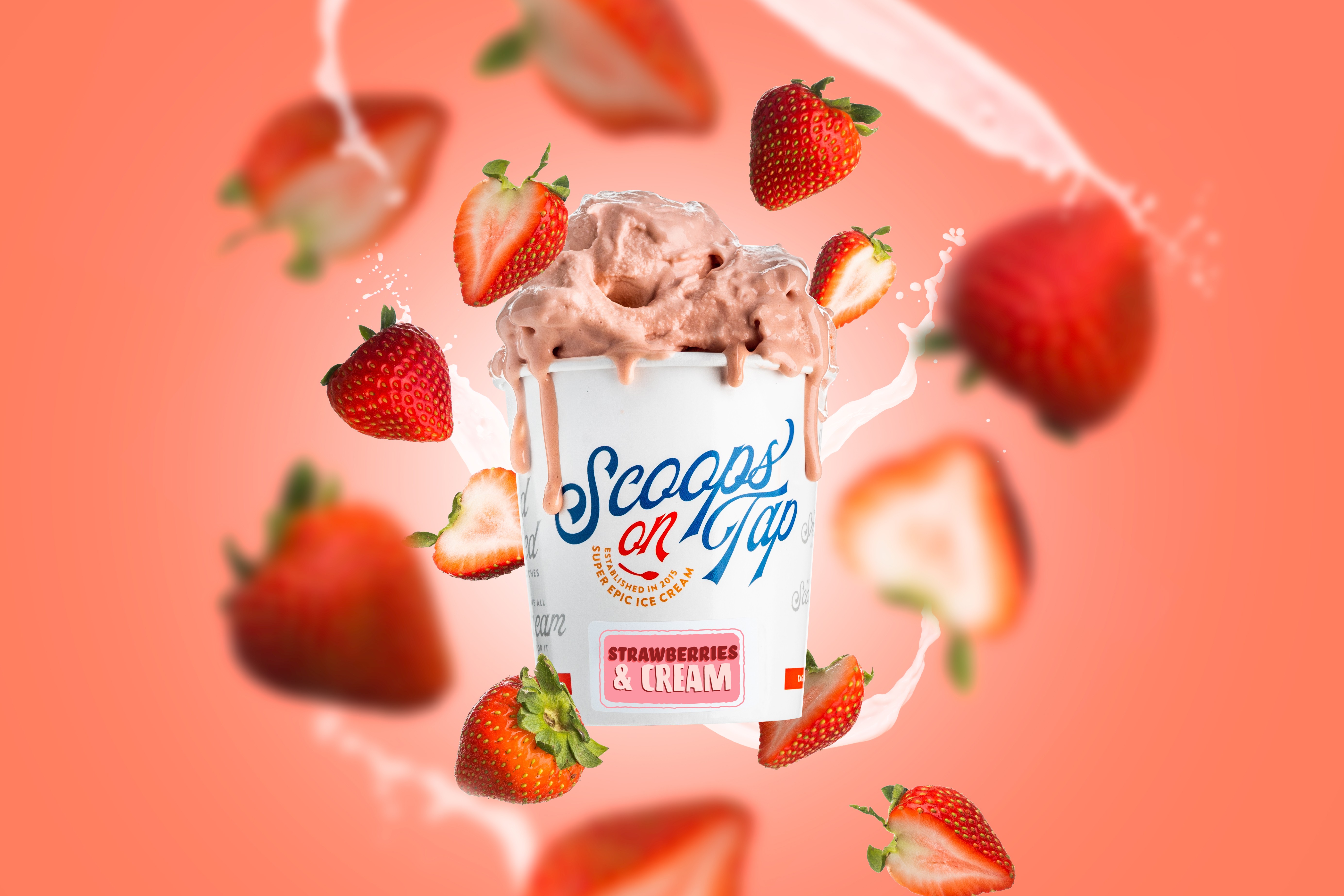 Scoops On Tap strawberries and cream ice cream cup with floating strawberries