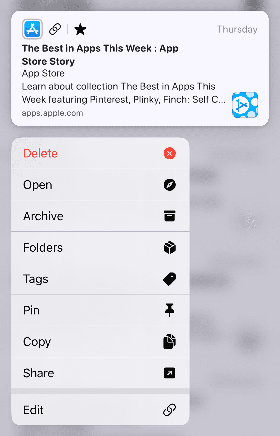 Plinky's Long Press Actions menu, displaying the Archive, Folders, Tags, Pin, Copy, Share, and Edit actions