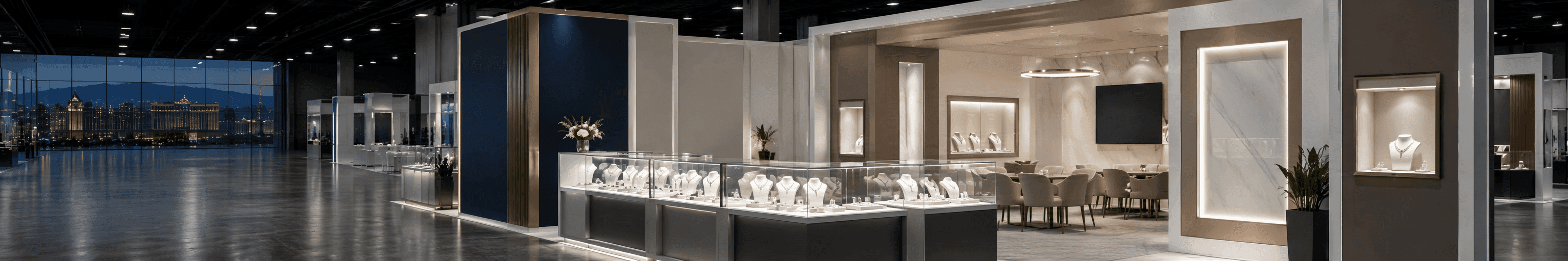 Venetian Expo booth planning for JCK jewelry showcase booth with display cases, lighting, buyer consultation area, branded graphics, and 20x20 booth layout