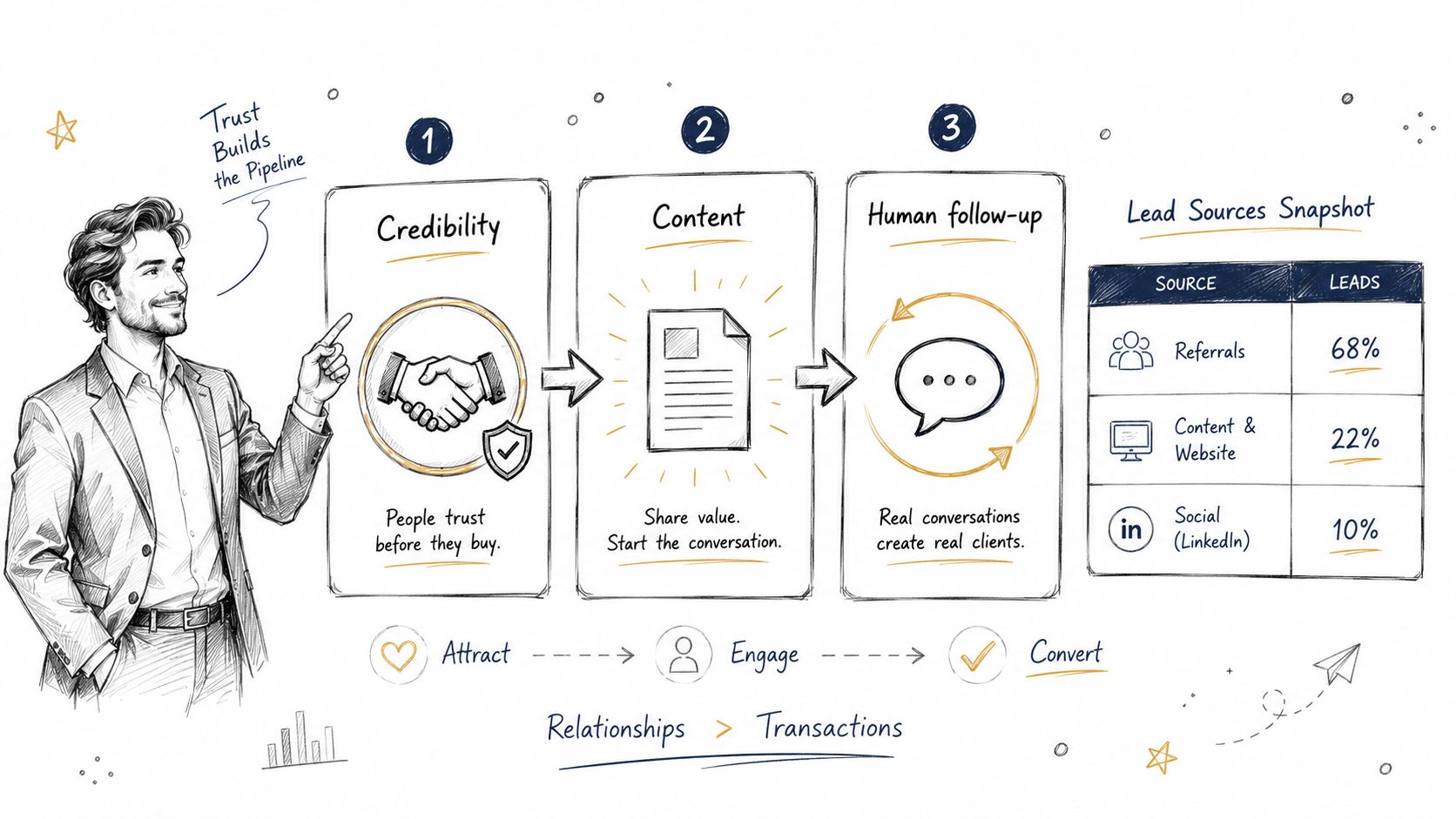 A professional drawing illustrating a three-step lead generation process focusing on trust, content, and human follow-up.