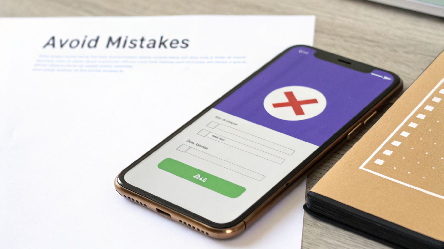 A smartphone showing a form with a red 'X' error symbol, next to a paper titled 'Avoid Mistakes'.