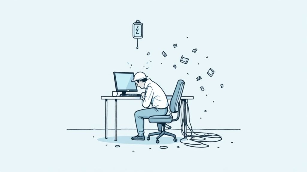 A digital worker in a hard hat intensely focused on a computer screen, with data flying.