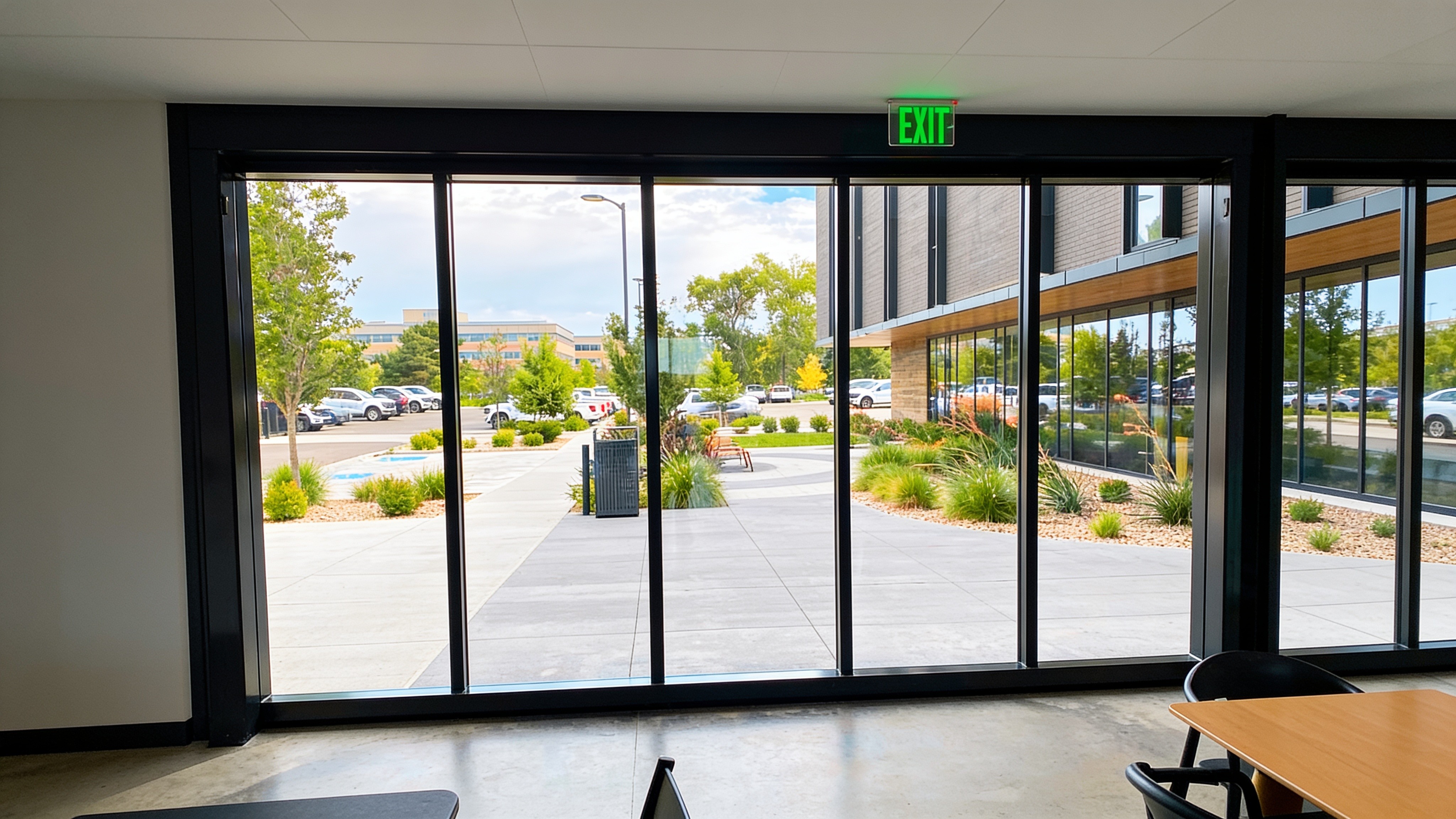 Interior view through an all-glass concealed-cylinder office door