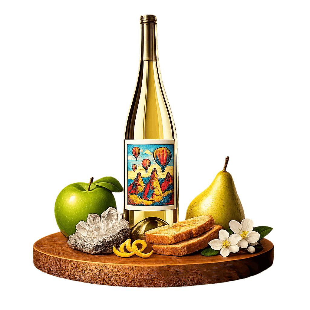 Artistic label and flavor profile for Turkish Sparkling Wine on a rustic wooden table.