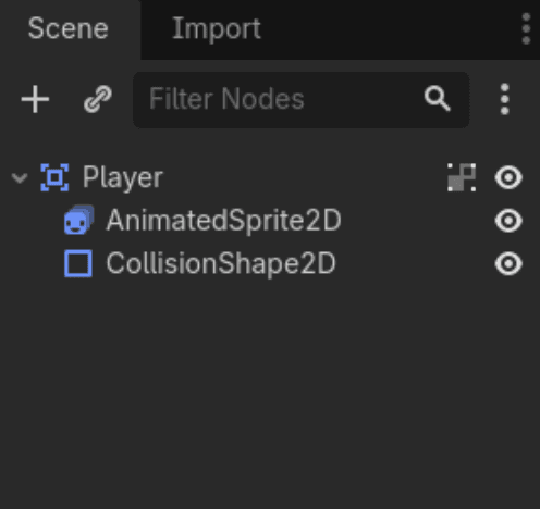 Godot scene tree showing a Player Area2D with AnimatedSprite2D and CollisionShape2D children.