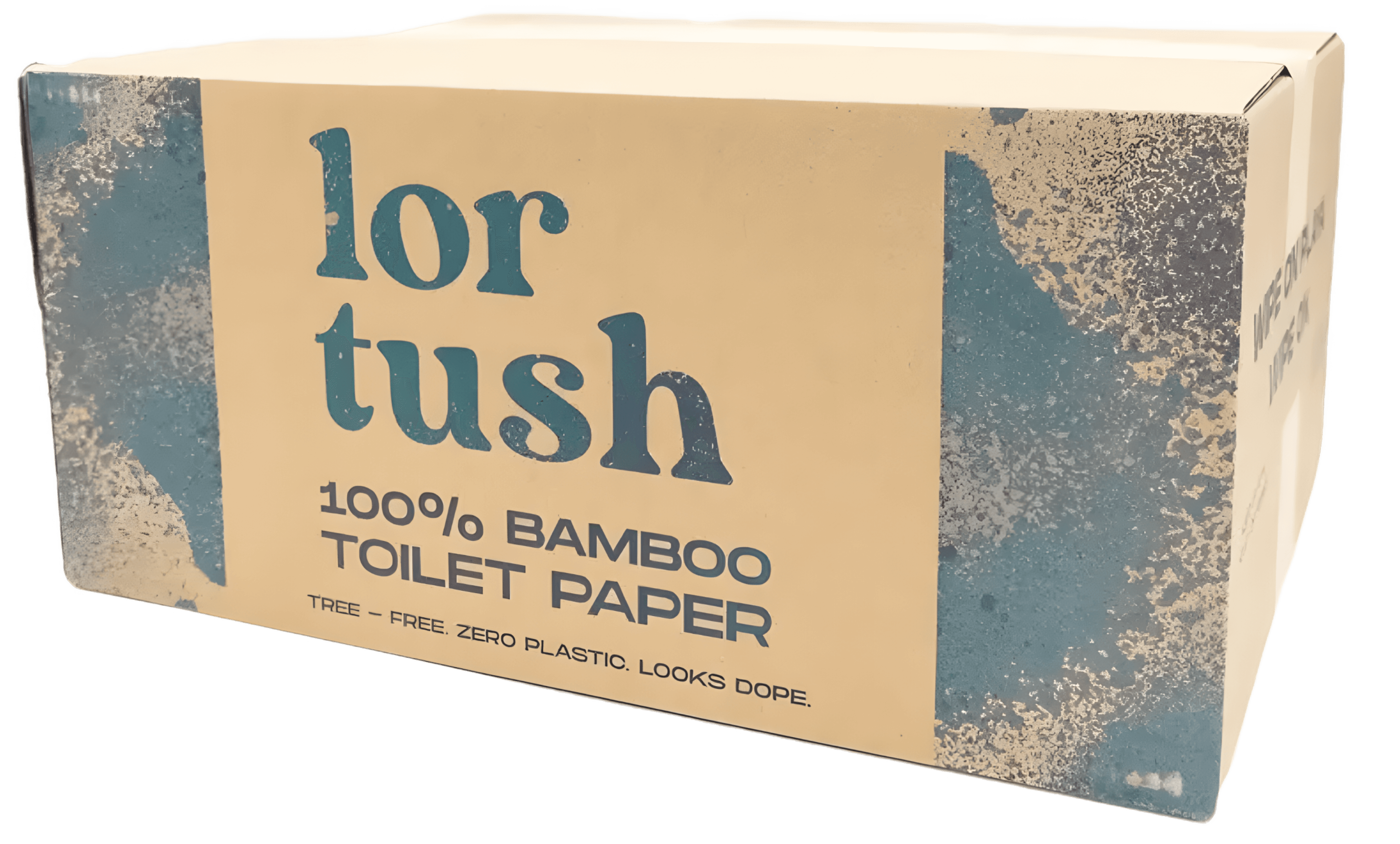 Image of Lor Tush's packaging which reads, "Lor Tush 100% Bamboo toilet paper"