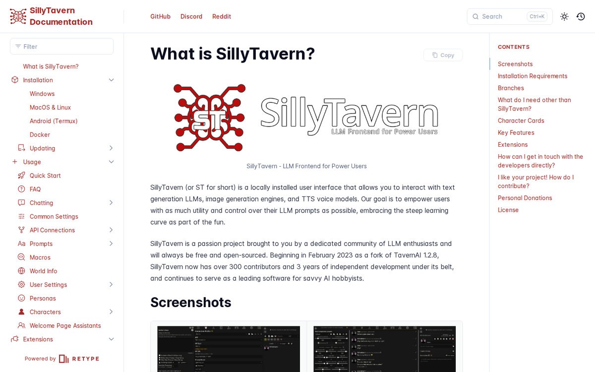 SillyTavern’s official documentation homepage, listing supported back ends and features, September 2026.