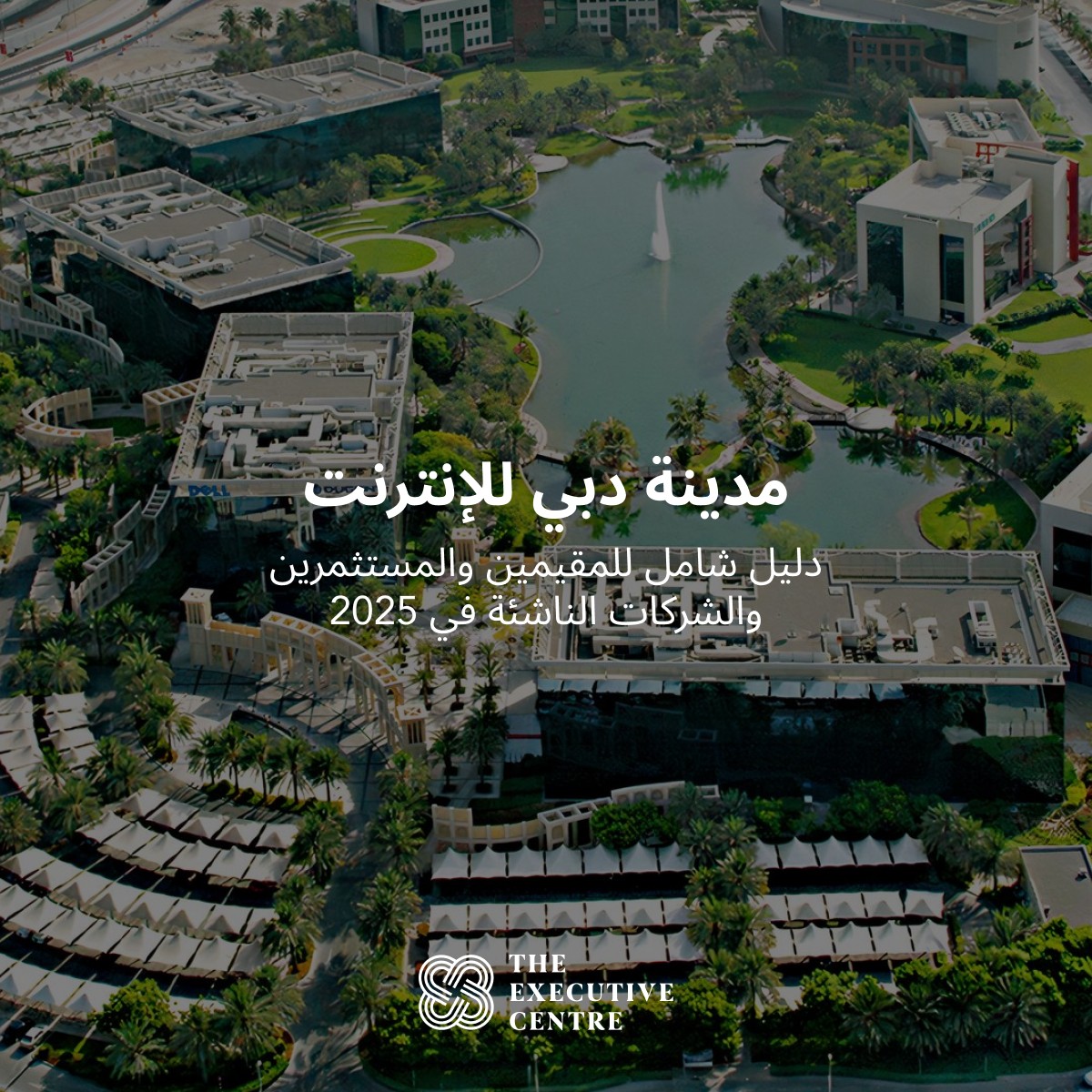 لقطة لـمدينة دبي للإنترنت تبرز البحيرة الاصطناعية والمساحات الخضراء.