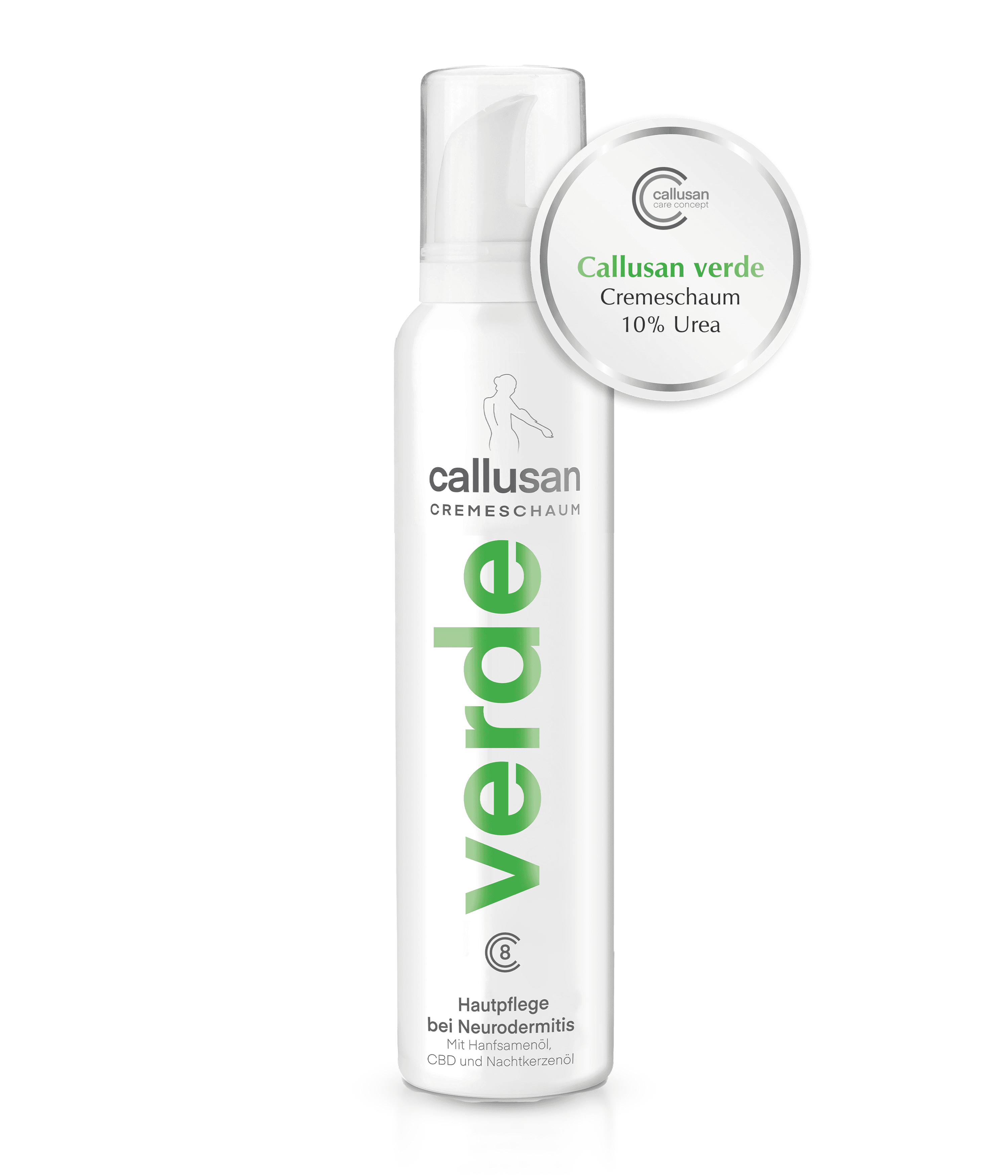 Callusan verde Cremeschaum in der weißen Sprühdose mit Siegel „10 % Urea“