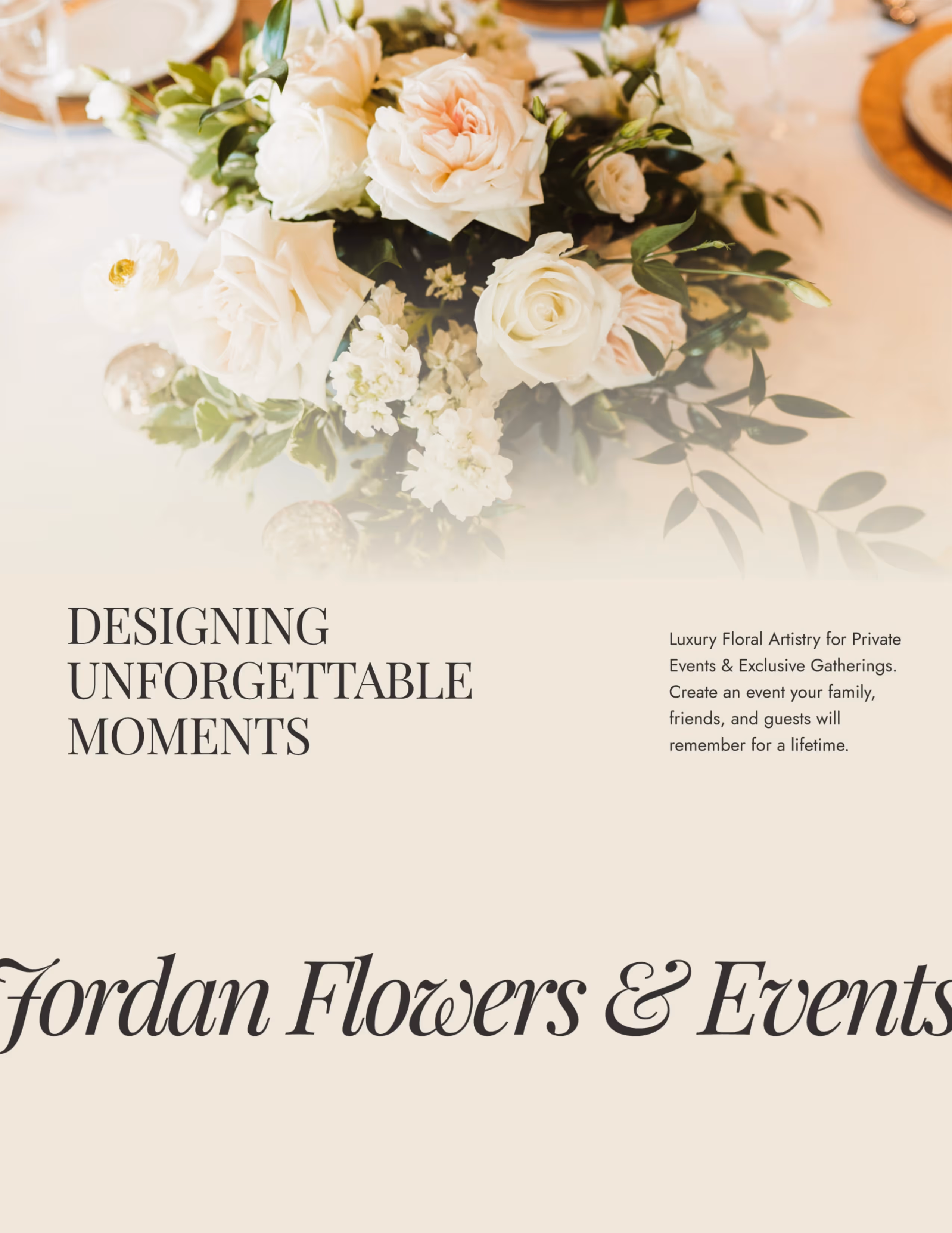 Jordan Flowers & Events website section highlighting dESIGNING uNFORGETTABLE fordan