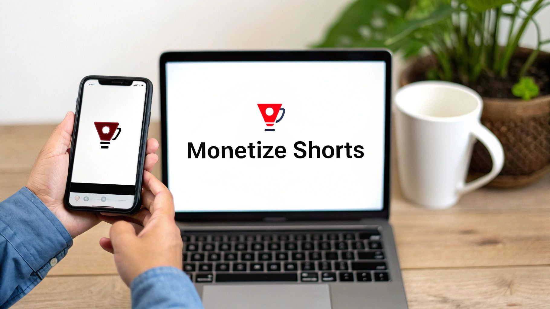 A person holds a smartphone displaying a logo, next to a laptop screen showing 'Monetize Shorts' and the same logo.