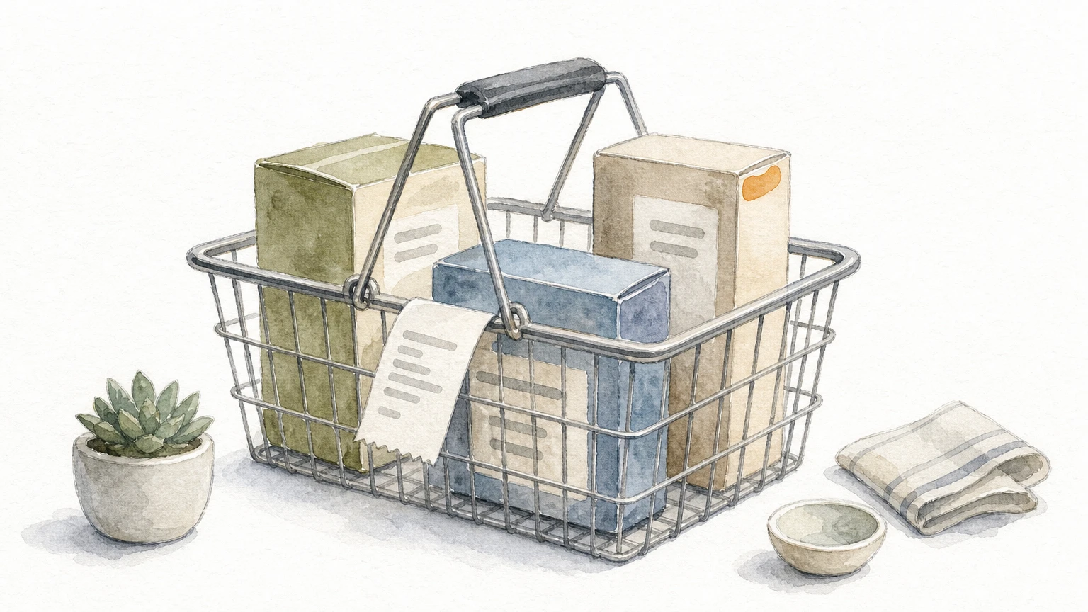 A wire shopping basket holding three product boxes with a paper receipt tucked under the handle.