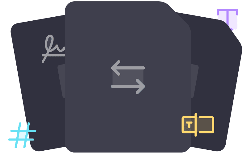 Dark-themed illustration with three overlapping cards, each featuring icons: arrows, a signature, and a "T". Symbols like hashtag and text surround them.