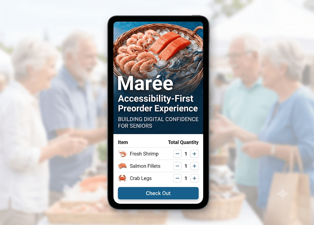 A mobile phone mockup is centered, displaying the Marée application. The app screen shows the title "Marée: Accessibility-First Preorder Experience" and the subtitle "BUILDING DIGITAL CONFIDENCE FOR SENIORS." Below the text is a product selection list featuring simple icons and large quantity adjustment buttons for Fresh Shrimp, Salmon Fillets, and Crab Legs. At the bottom, a prominent blue button reads "Check Out." The phone is overlaid on a softly blurred background image of senior citizens happily socializing in a bright, outdoor market environment.