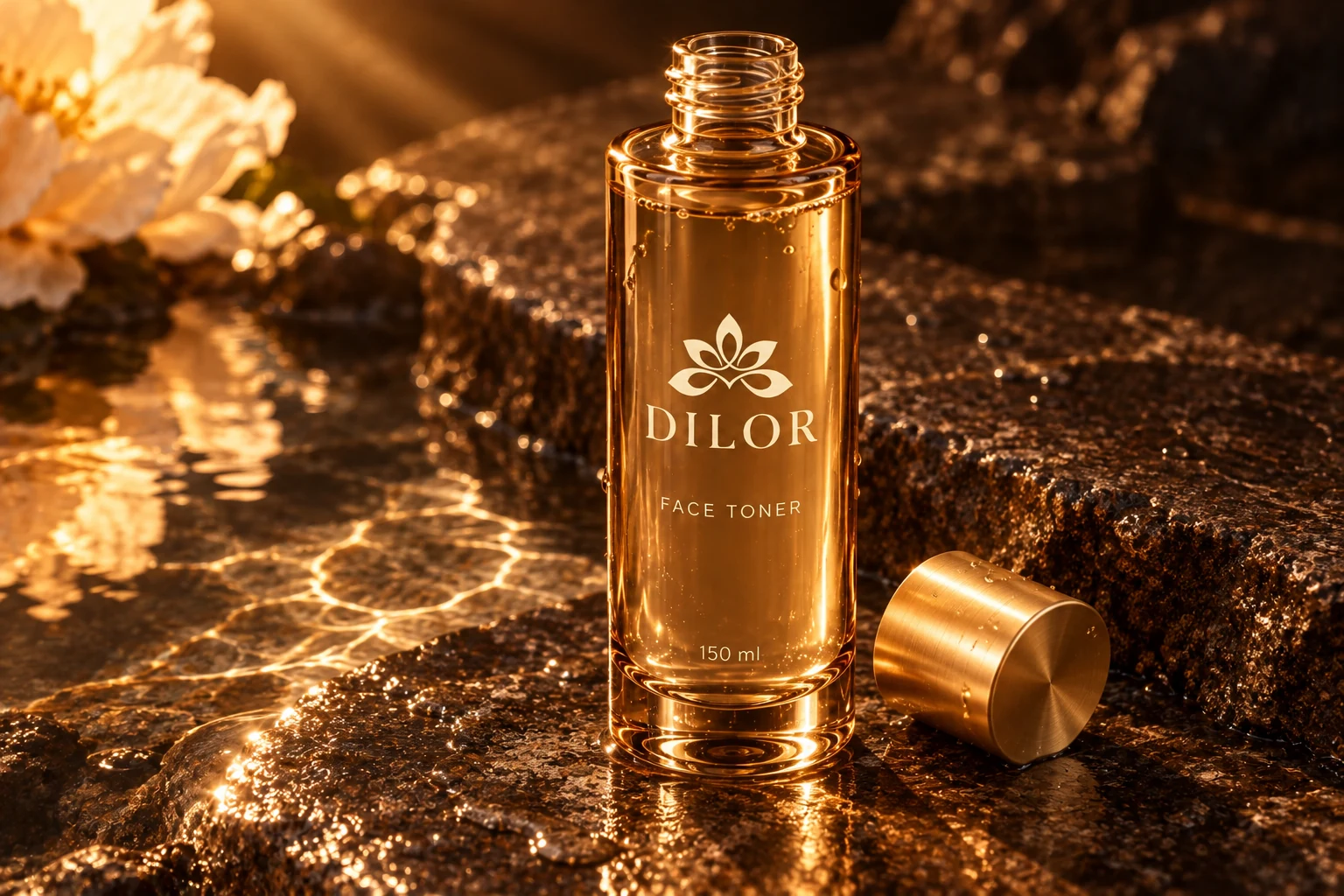 Open Dilor toner bottle with gold cap and reflections on stone