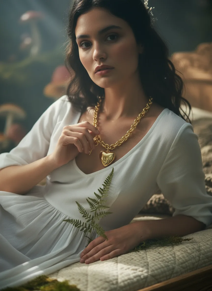 scene4-ai product photography-jewelry necklace campaign creation-featuring a high fashion model in a fairytale setting-1