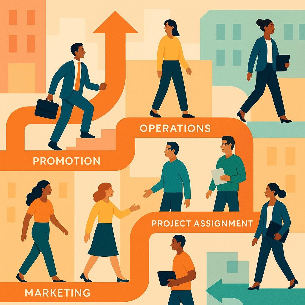 A vibrant, modern illustration depicting a diverse group of employees moving through various interconnected pathways within a stylized corporate building or network. Some paths are vertical (promotions), some are horizontal (lateral moves to different departments like marketing, operations, tech), and others show temporary project assignments. The overall feeling should be one of dynamic growth, opportunity, and interconnectedness. The style should be clean, professional, and slightly abstract, using warm, inviting colors to convey a positive and empowering career journey. The purpose is to visually explain the multifaceted nature of internal mobility beyond simple promotions, showing how employees can grow and explore diverse roles within the same organization.