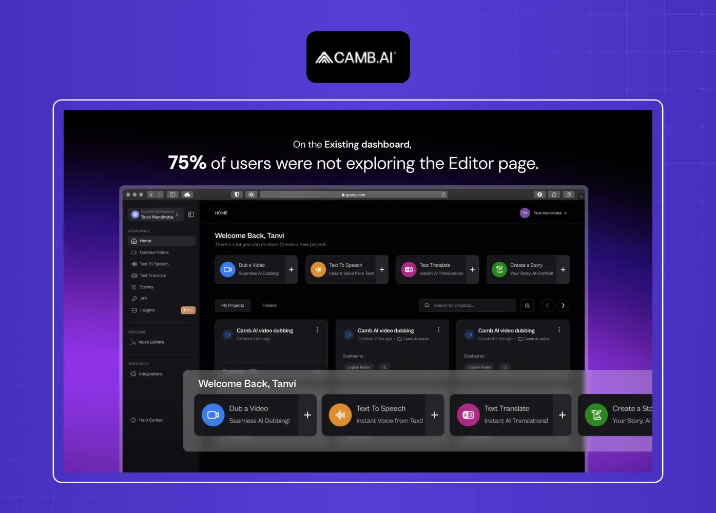 Screenshot of the Camb.ai dashboard illustrating a UX redesign focused on improving feature discoverability and user engagement.