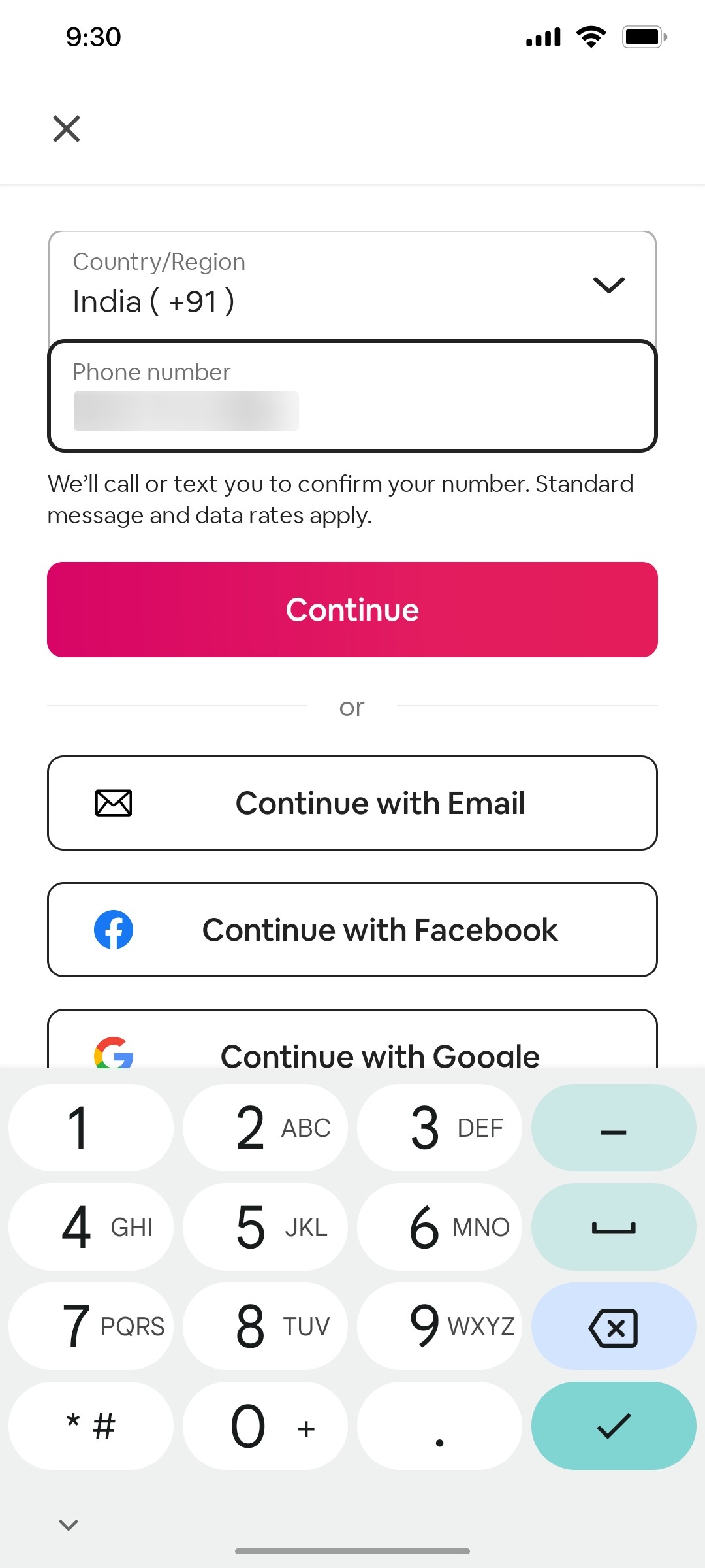 Airbnb Enter mobile number screen