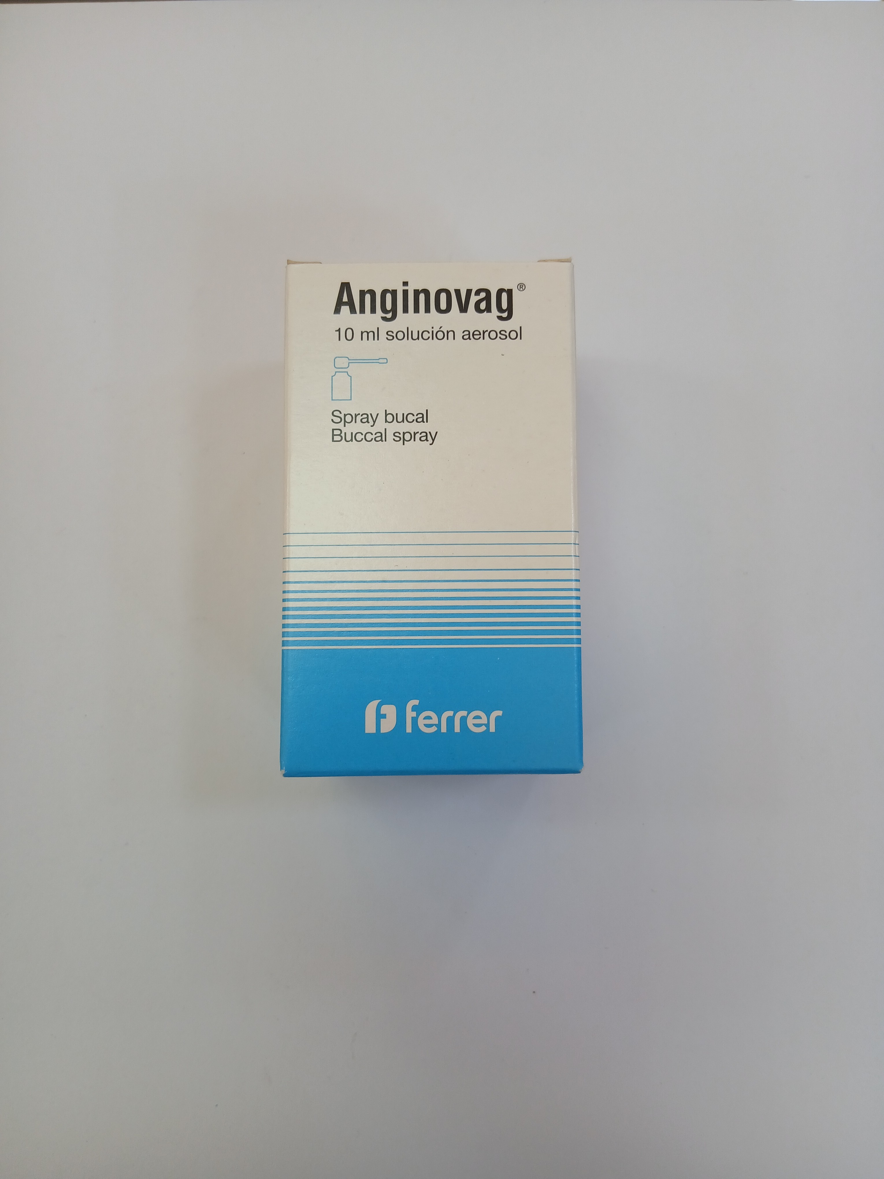 White and light blue cardboard box packaging for a 10 milliliter aerosol spray, featuring horizontal blue stripes near the bottom and text in black and blue.