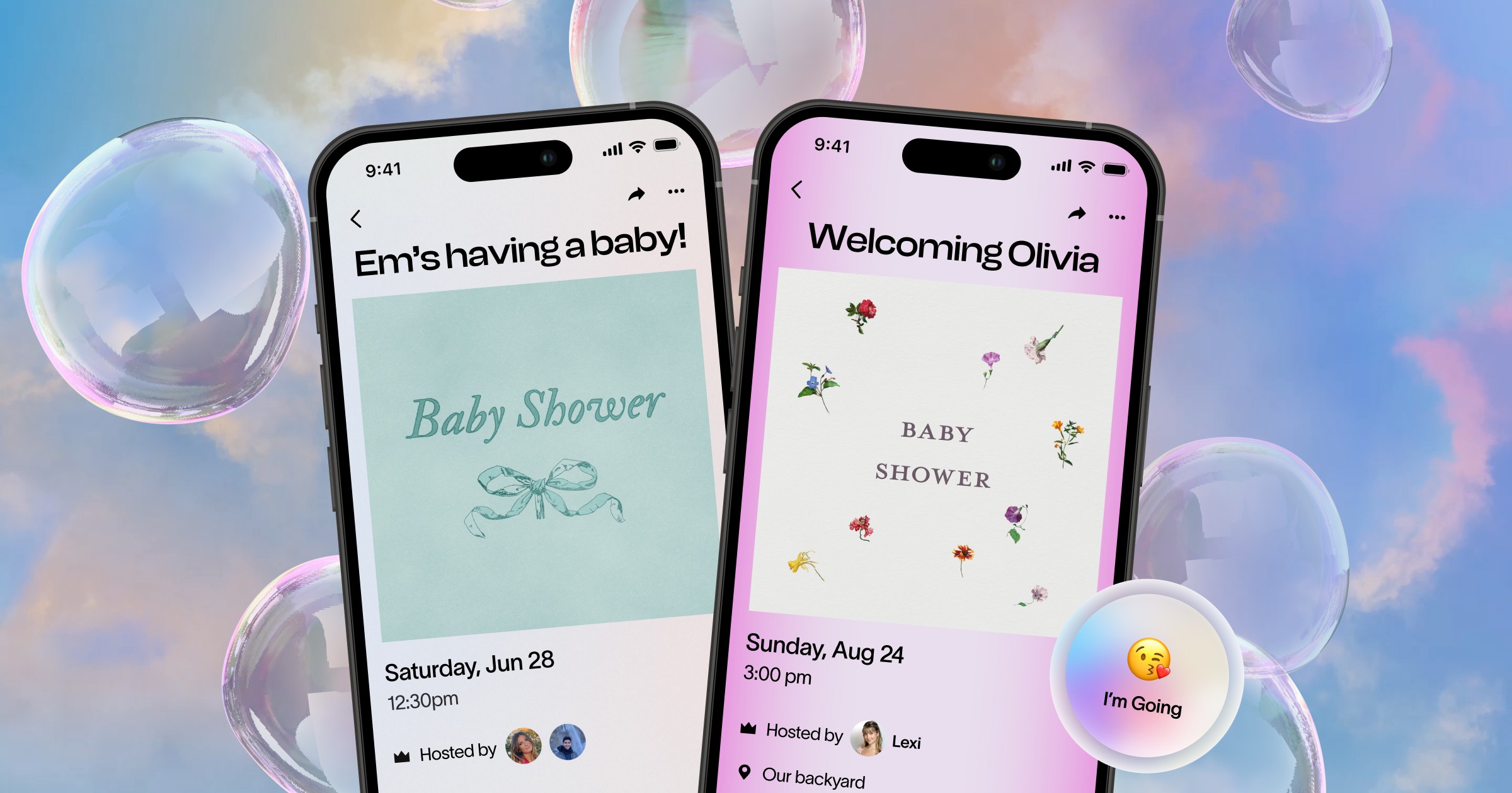Two phones display customizable baby shower digital invitations against a dreamy pastel background with sparkles. The left screen shows a vintage-style online baby shower invite reading “Em’s having a baby!” with a blue bow design. The right screen features a modern floral digital baby shower invitation titled “Welcoming Olivia.” A floating RSVP button says “I’m Going.” Perfect for creating and sending baby shower invites online.
