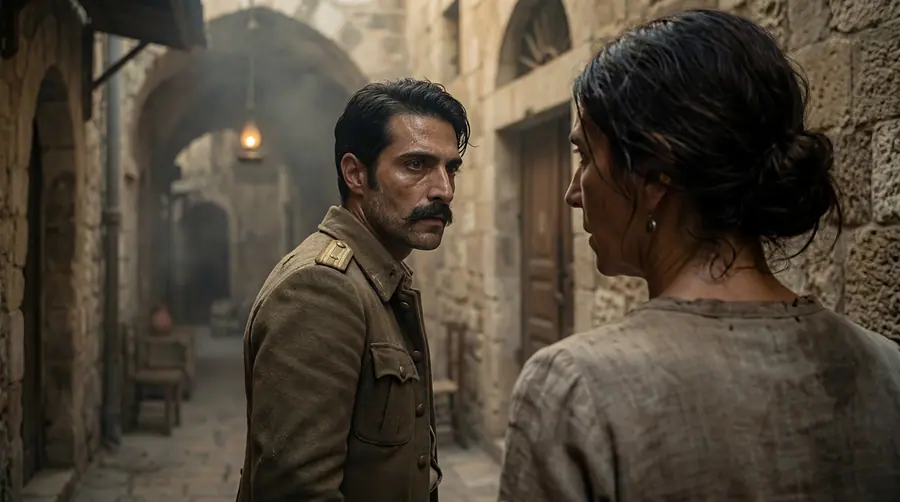 An officer facing an older woman in a narrow alley at dusk