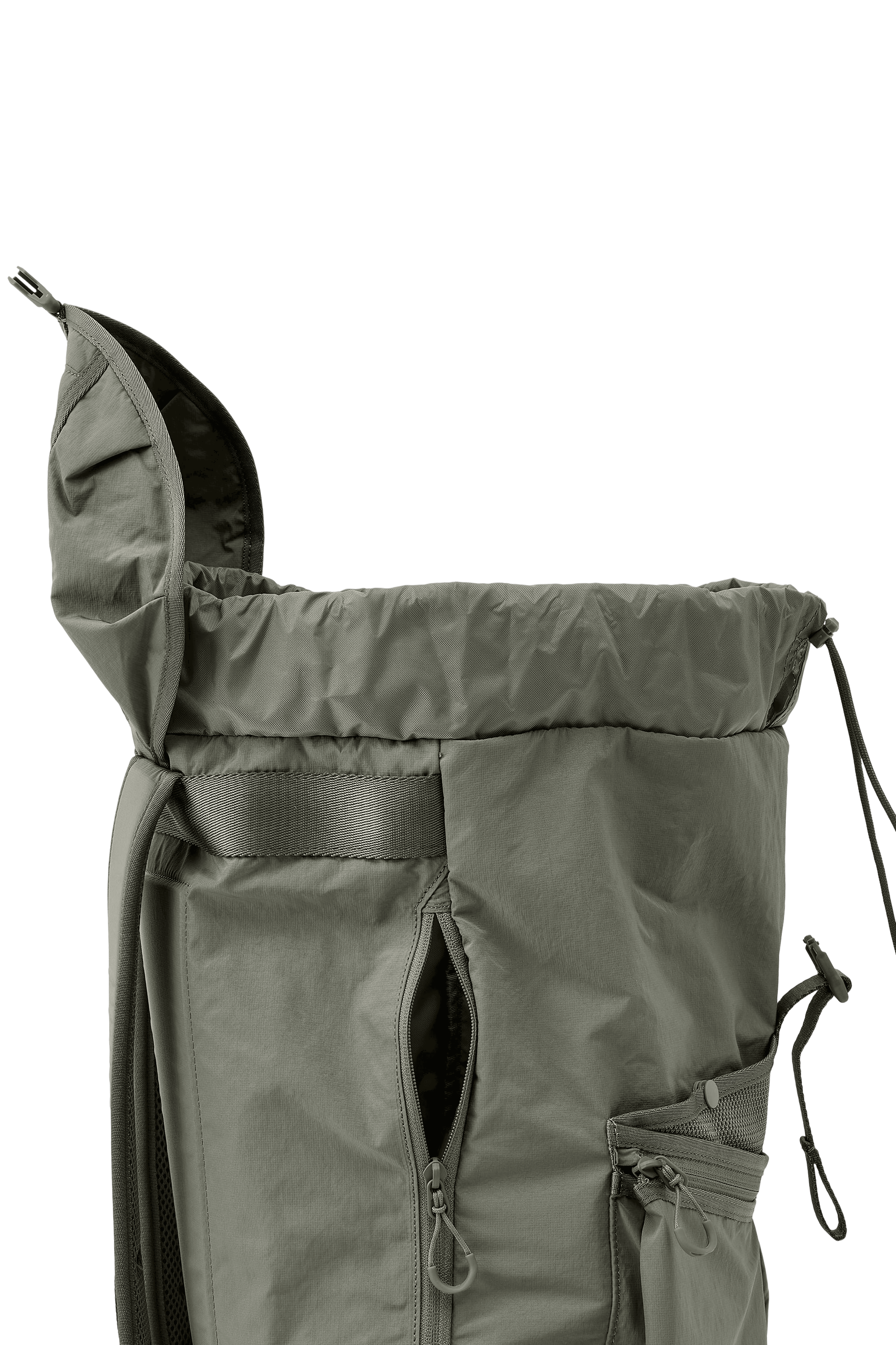 close up image of a green backpack while being open