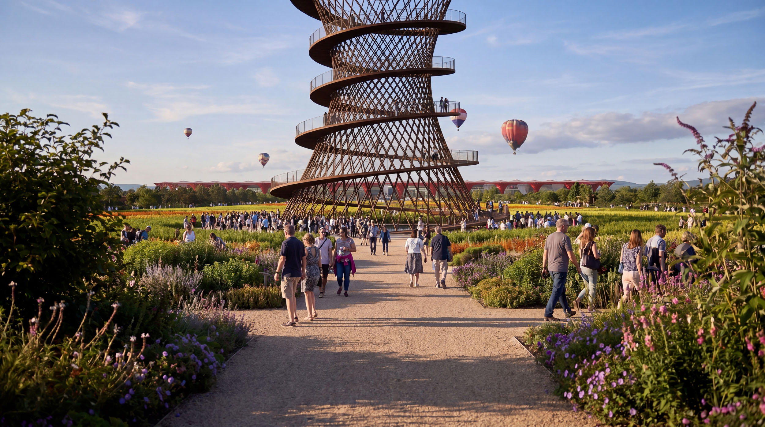 Architectural CGI render of a park with spiral tower.