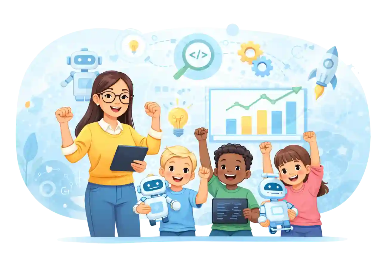 Children learning technology skills and innovation in a modern classroom