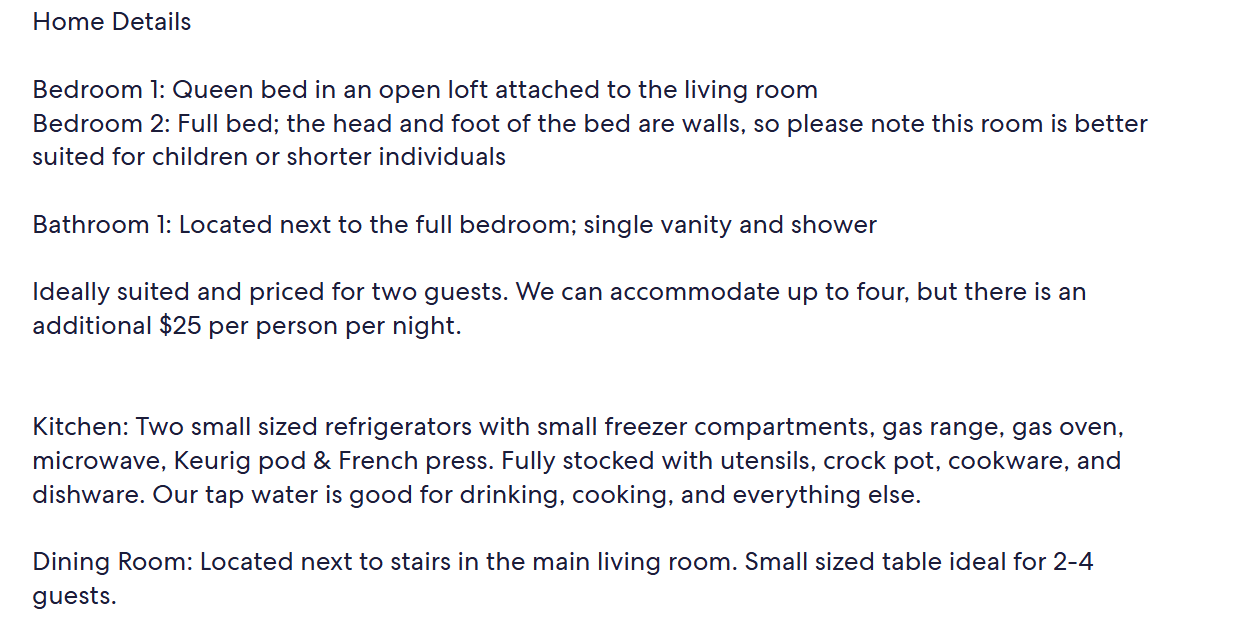 detailed vacation rental description example