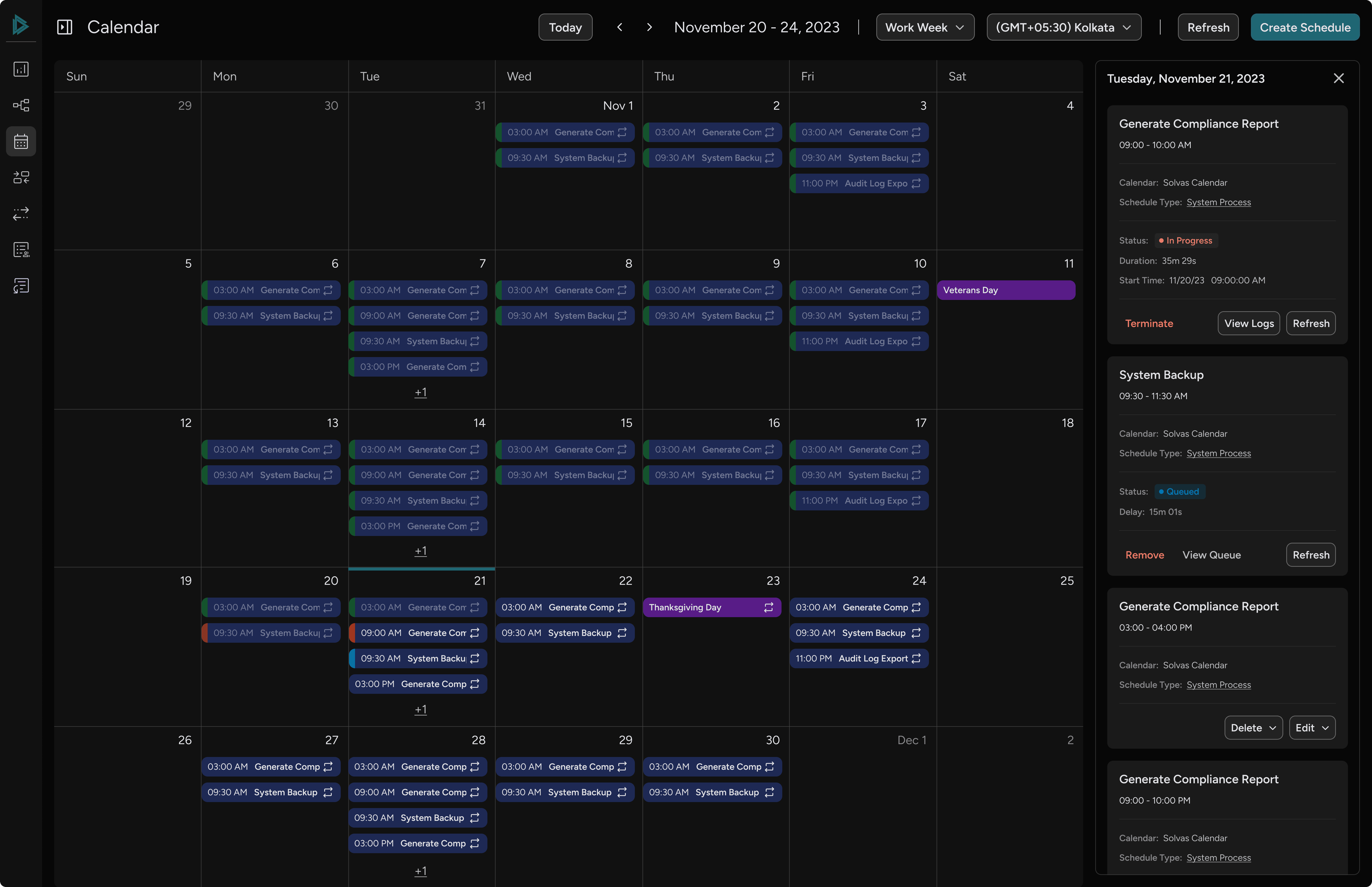 Calendar month view showing scheduled processes with statuses and a side panel displaying processes for a particular day