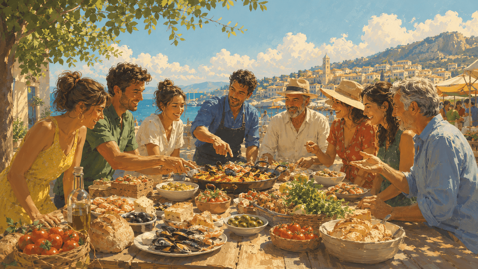 Grupo de personas compartiendo paella, producto local y platos mediterráneos en Mallorca