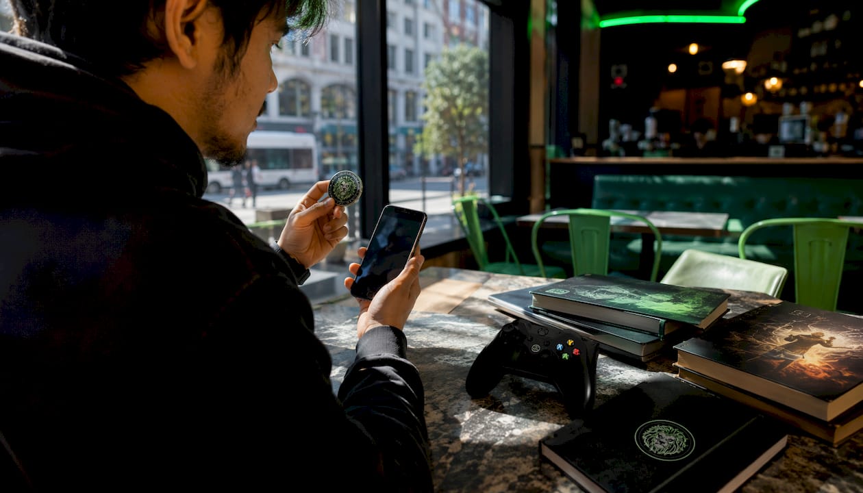 Hands holding gaming token near blockchain gaming setup