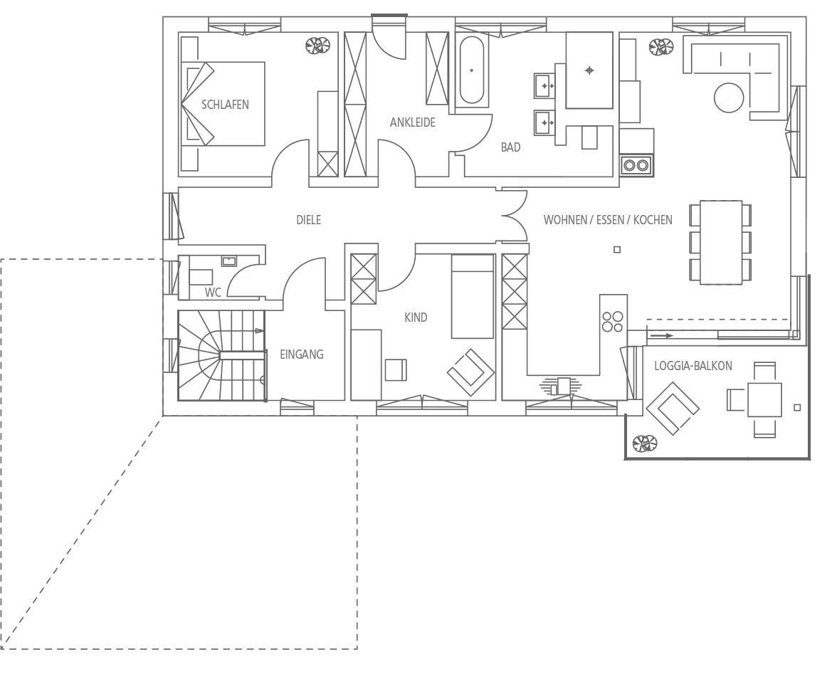 Grundriss eines Hauses mit Eingang, Diele, Schlaf-, Kinderzimmer, Ankleide, Bad, WC, Wohnen/Essen/Kochen und Loggia-Balkon.