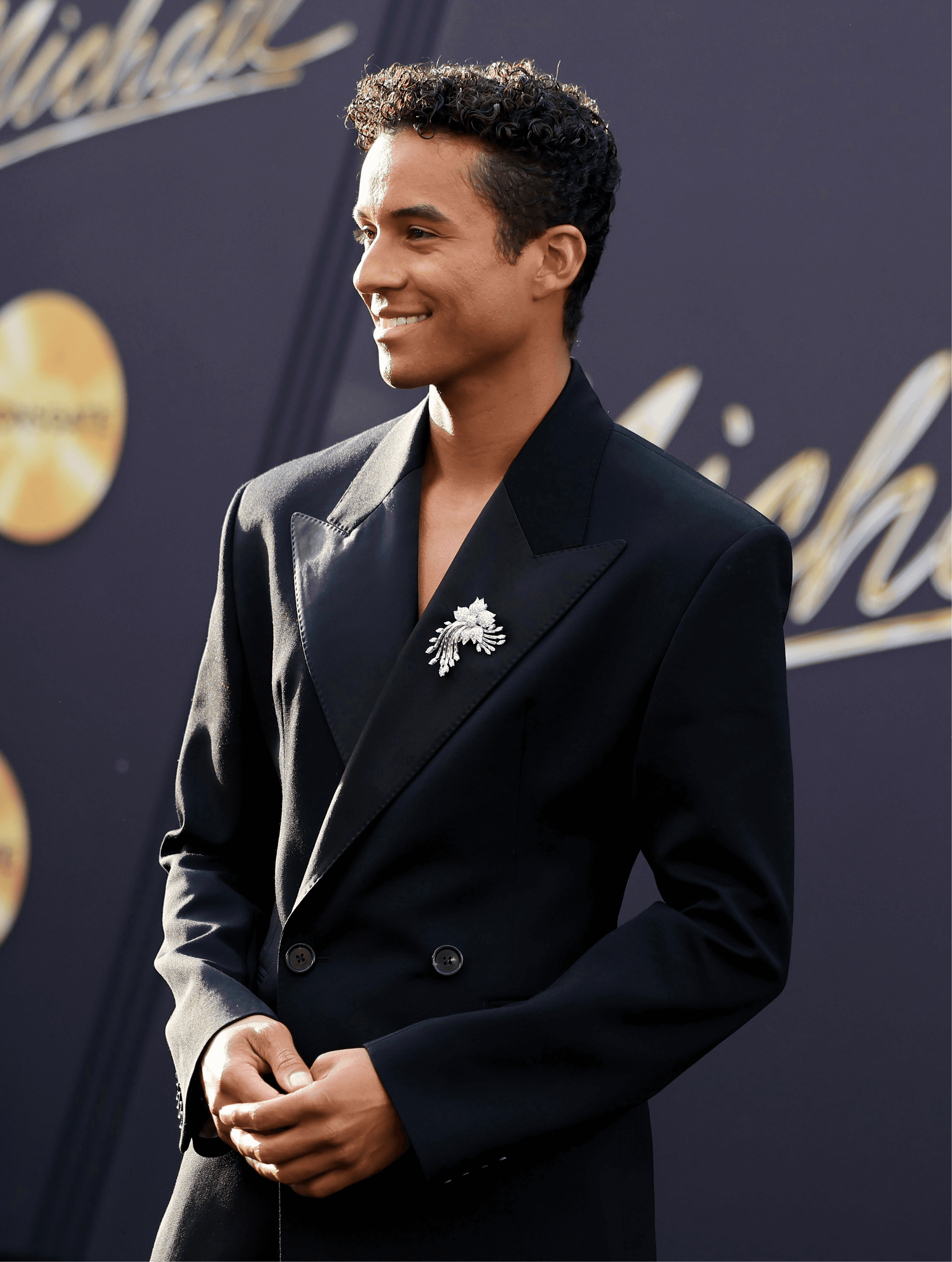 Jaafar Jackson wearing Legacy Vintage diamond brooch at the Los Angeles world premiere of Michael — placed by D'Orazio World