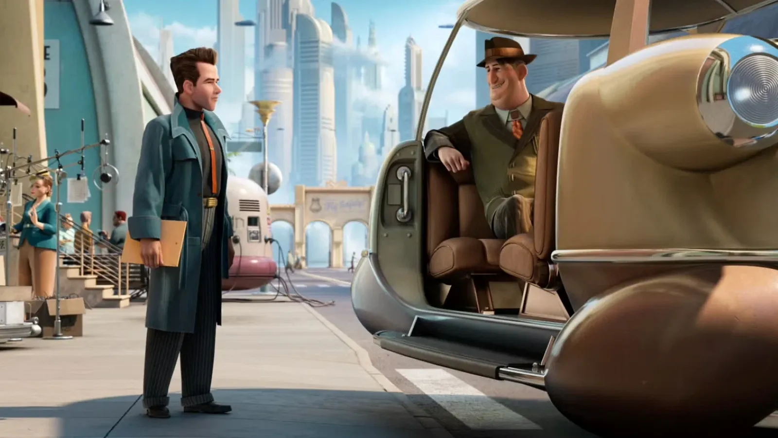 A man in a trench coat stands beside a sleek, futuristic car and converses with another man seated inside, with a backdrop of a modern cityscape filled with towering skyscrapers and arched structures.