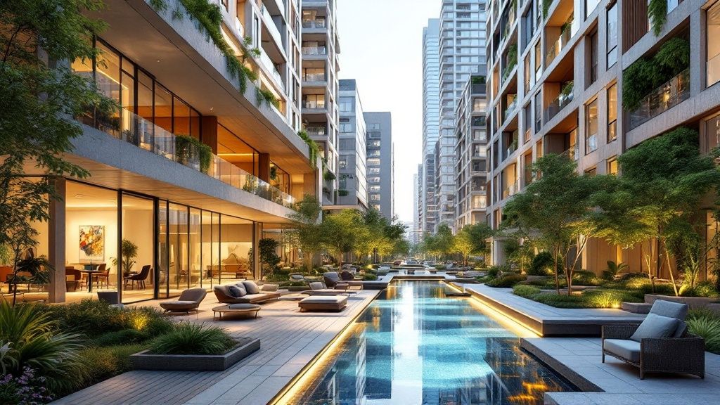Modern luxury apartment complex with tall buildings, large glass windows, lush greenery, and a central water feature surrounded by lounge chairs and landscaped pathways