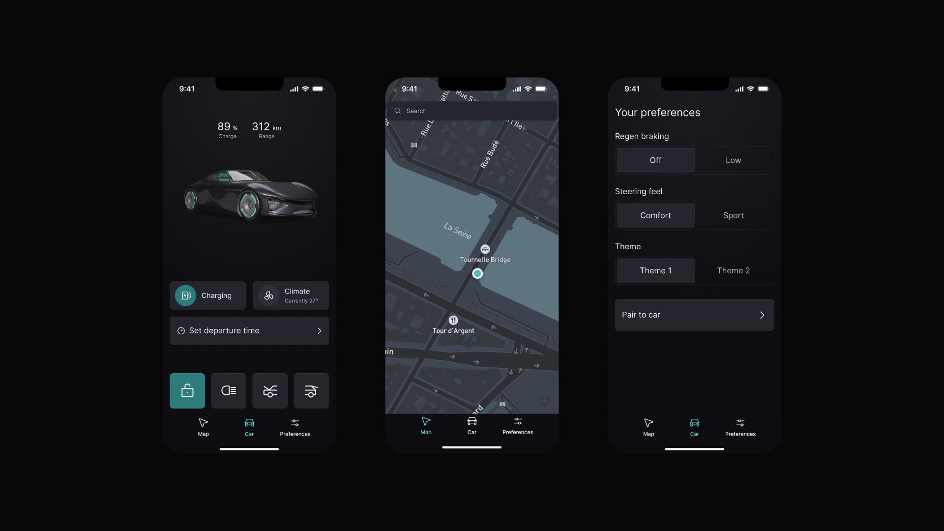 Snapp Automotive companion app showing vehicle status, map navigation, and driver preferences