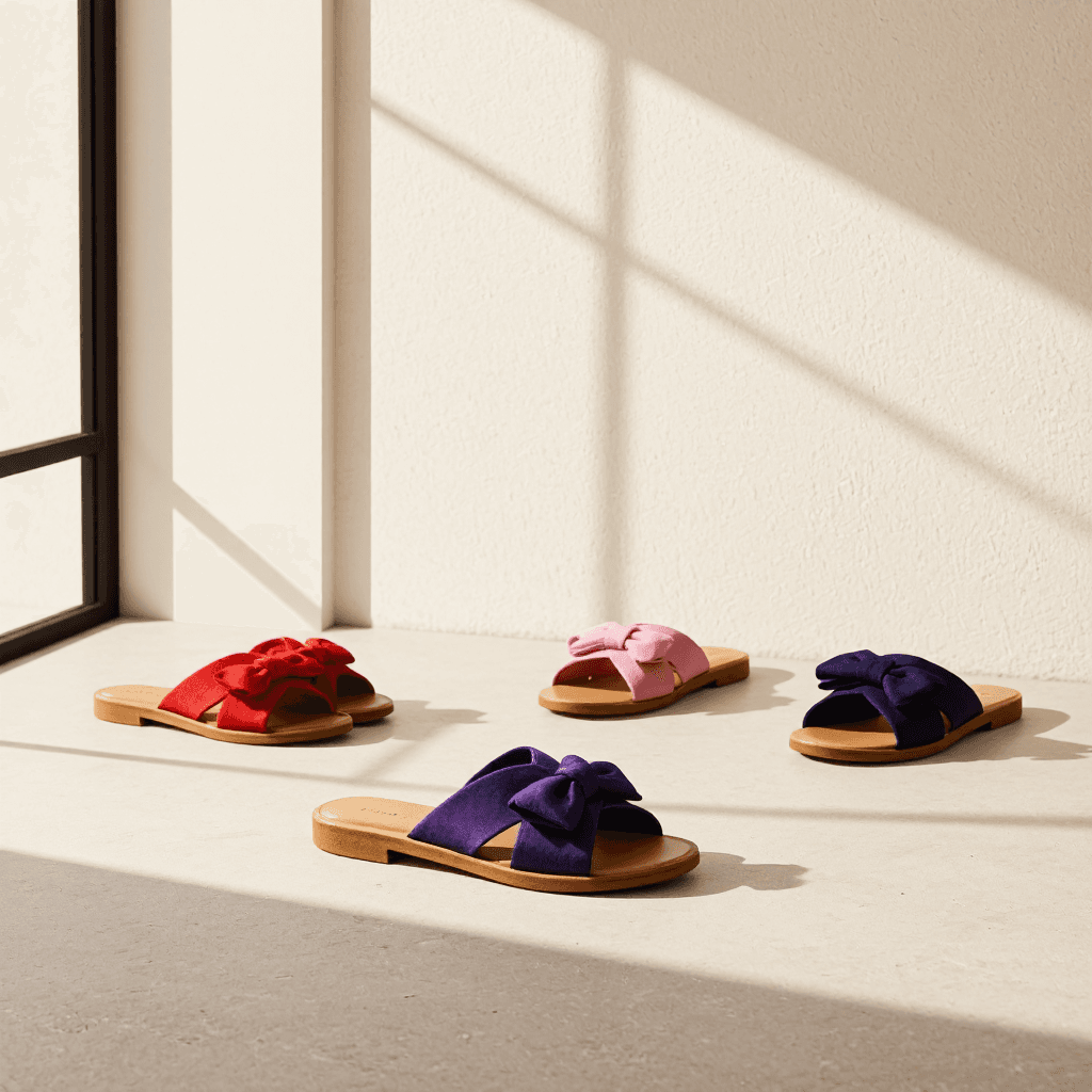 product photography of a set of colorful slide sandals with decorative bows