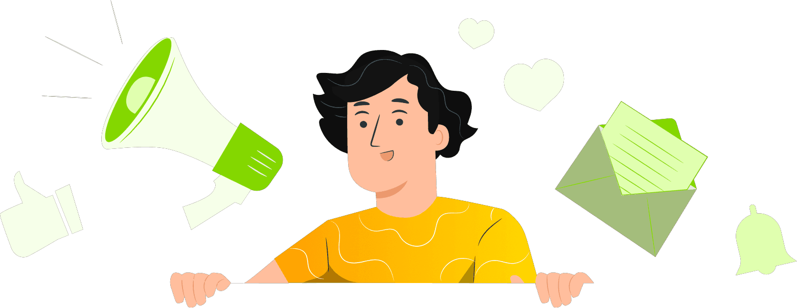 Illustration of a person with a megaphone and notification icons, inviting email sign-ups for updates.