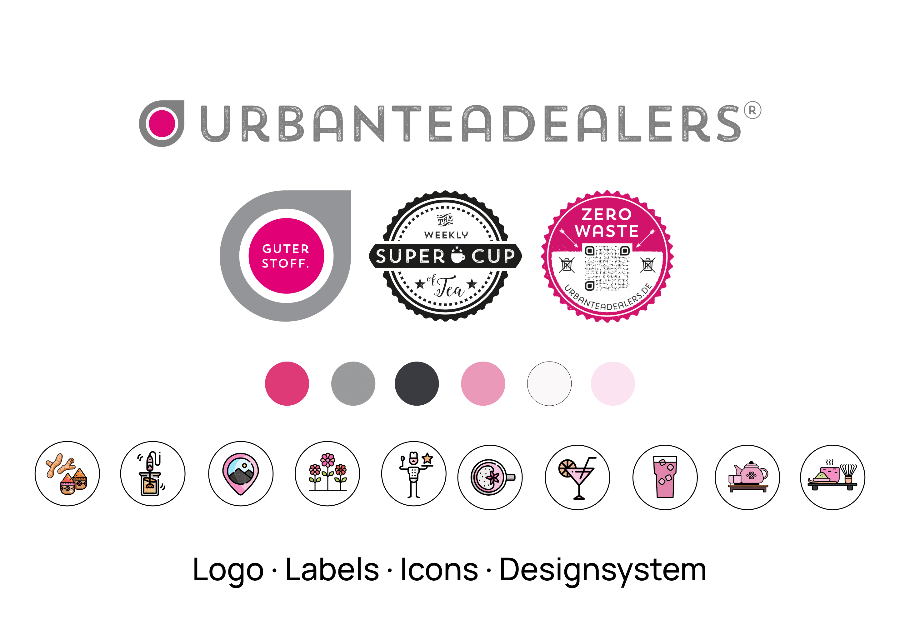 New visual identity developed for an e-commerce business, including specialized campaign badges (Zero Waste, Super Cup) and a signature icon system.