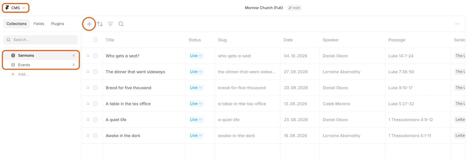 Framer CMS view with the Sermons collection and the add button marked