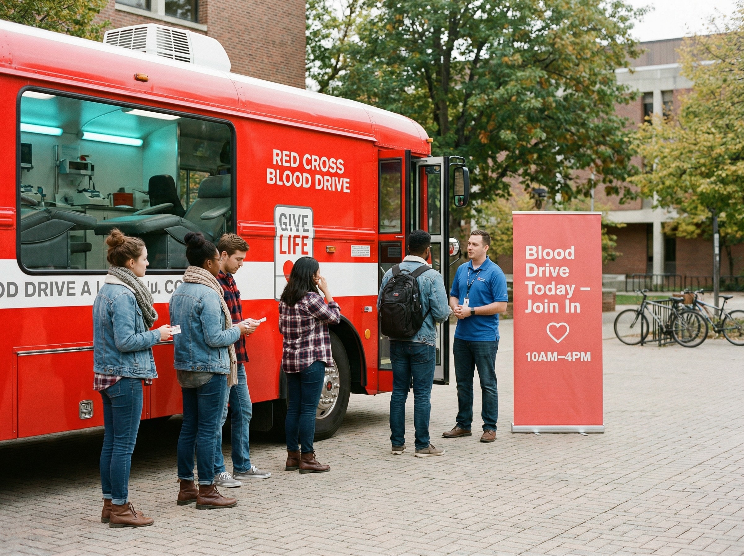 Ein roter Blutspendebus steht auf einem Campusplatz; Studierende steigen mit Ausweisen ein. Ein Helfer begrüßt sie freundlich, im Inneren sind Liegen und Vorhangkabinen zu sehen. Ein Banner weist auf die Aktion heute hin. Die Szene wirkt mobil, klar organisiert und einladend.
