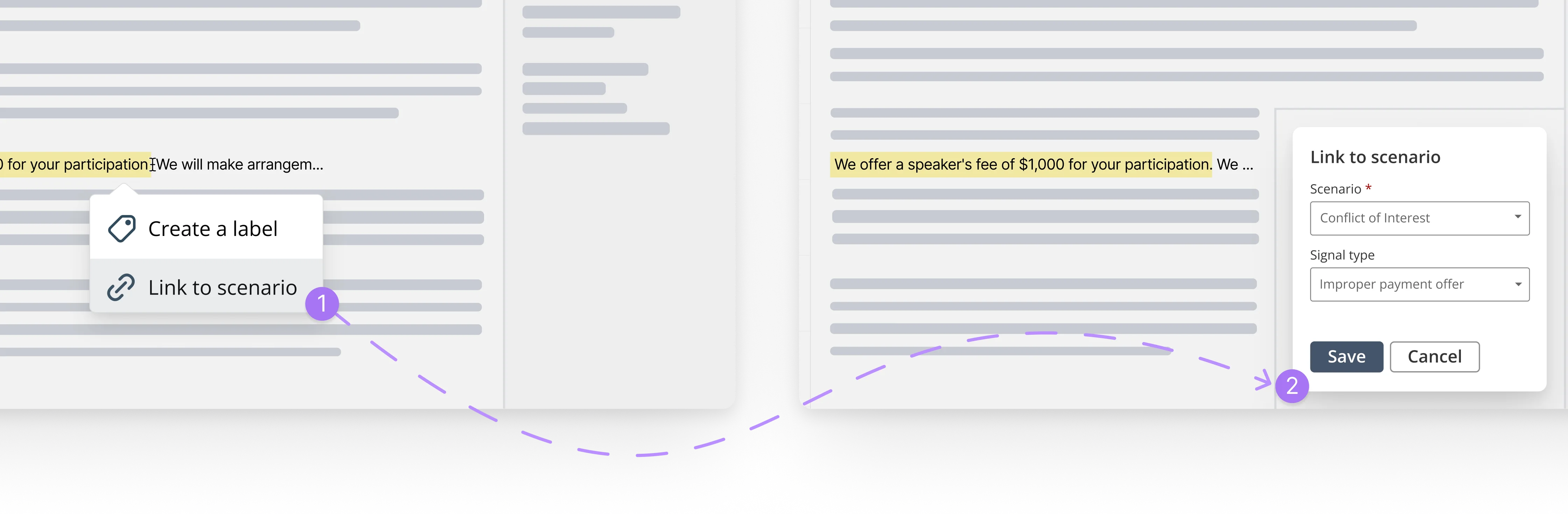 End-to-end workflow showing highlighted text linked to a compliance scenario via an inline menu and a side panel form.