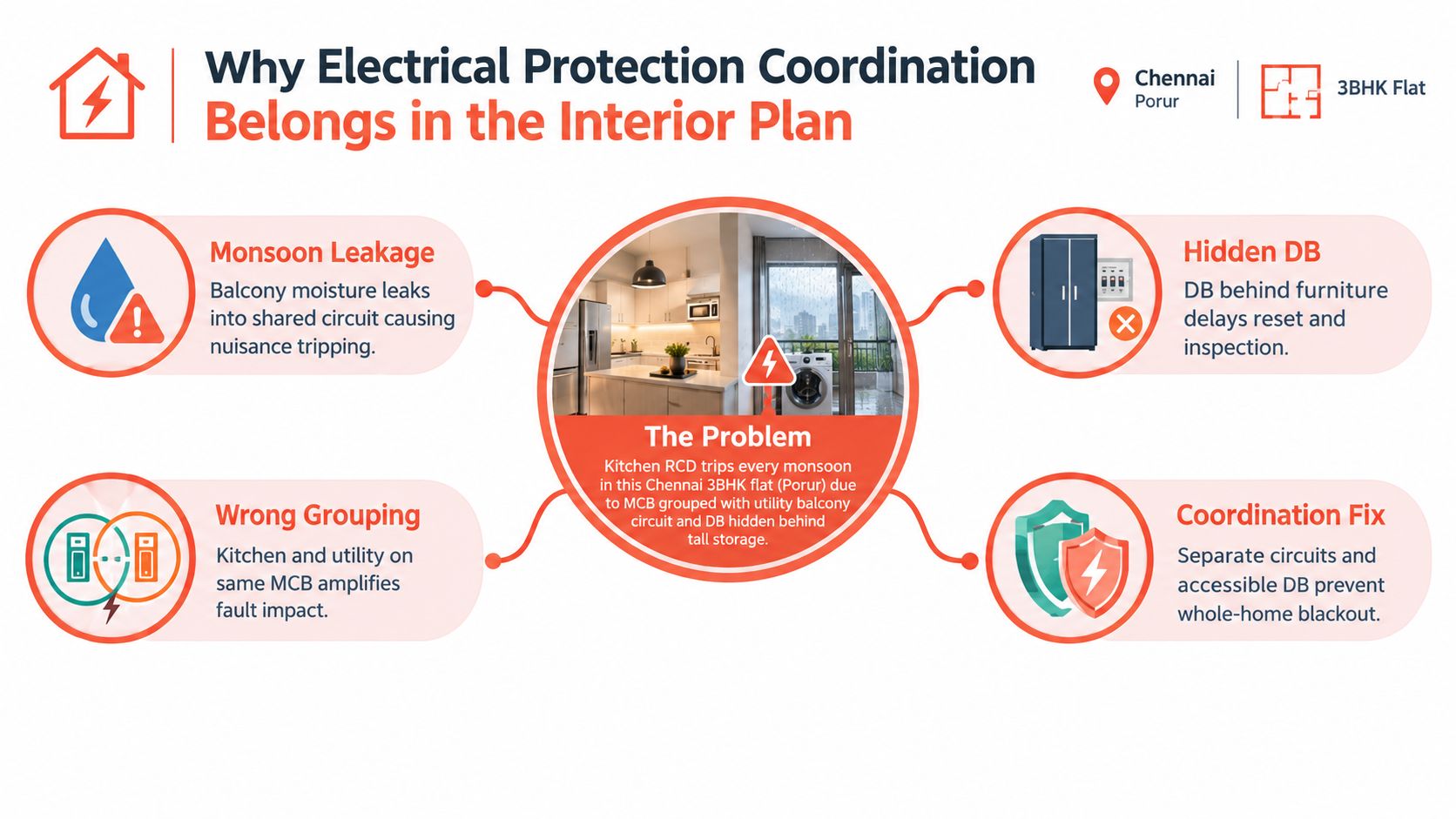 An infographic titled Why Electrical Protection Coordination Belongs in the Interior Plan, highlighting common household electrical issues.